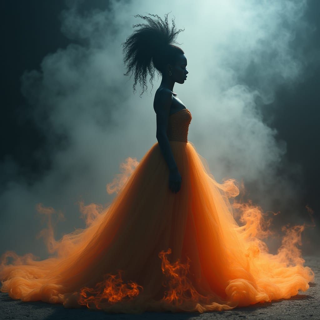 Surreal Afrofuturistic Goddess Embracing Flames in Hyperreal...
