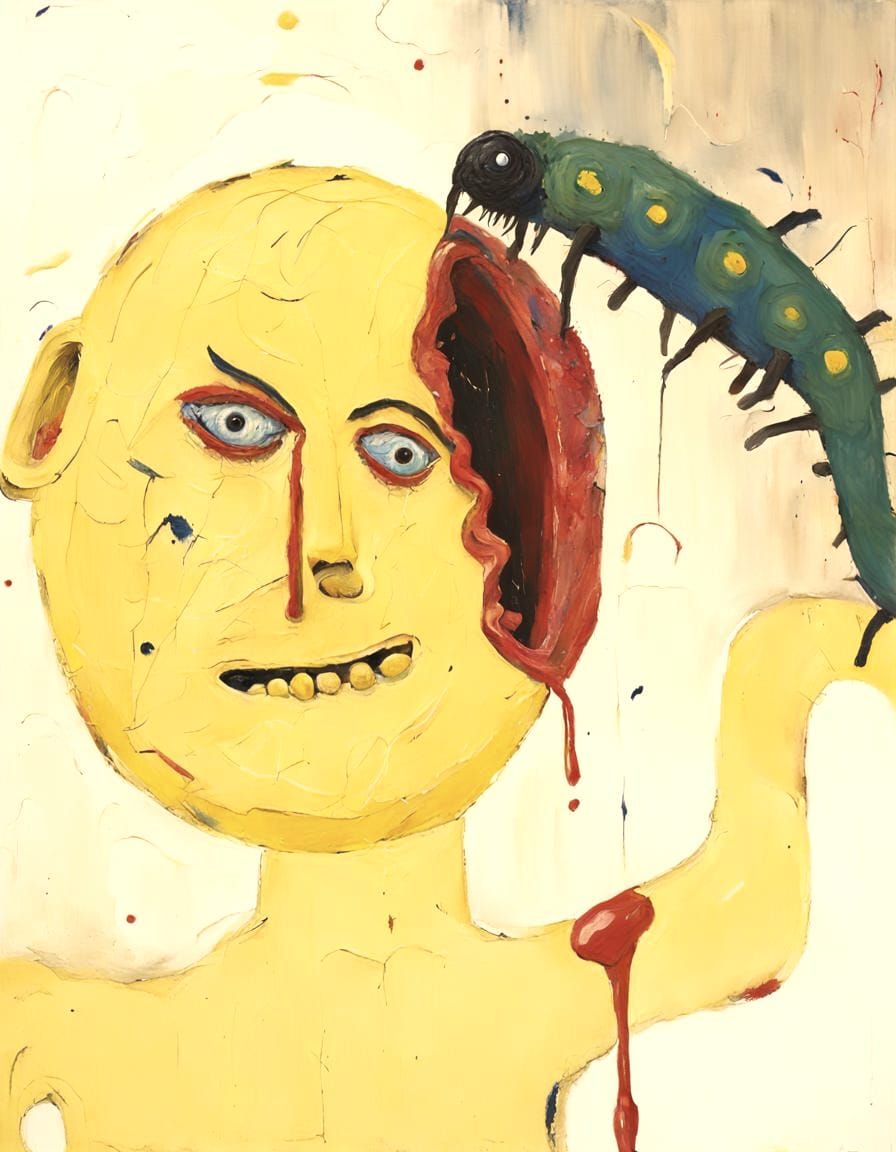 Surreal Larva Eats Yellow Man's Head