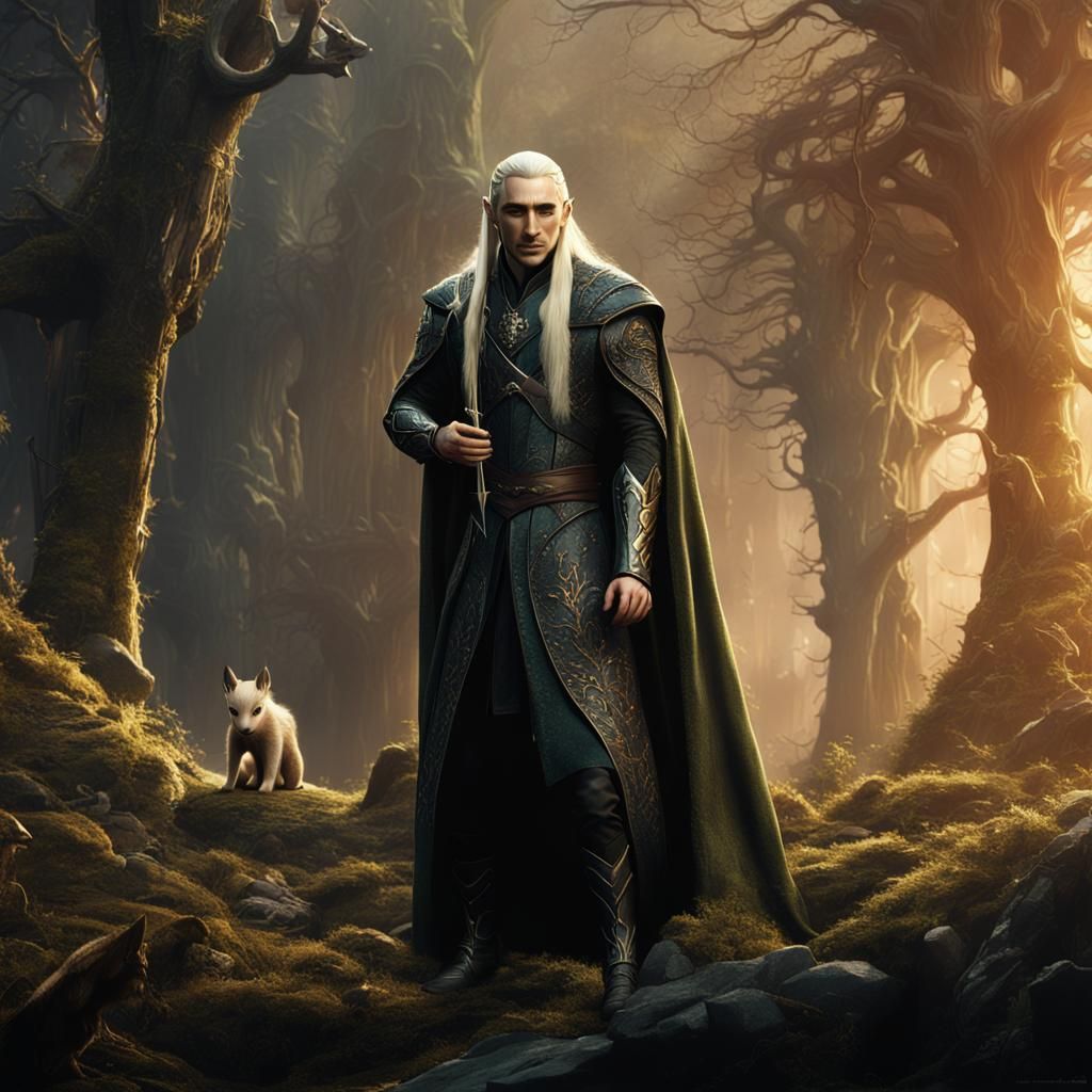Thranduil Holding Legolas: Detailed Matte Painting