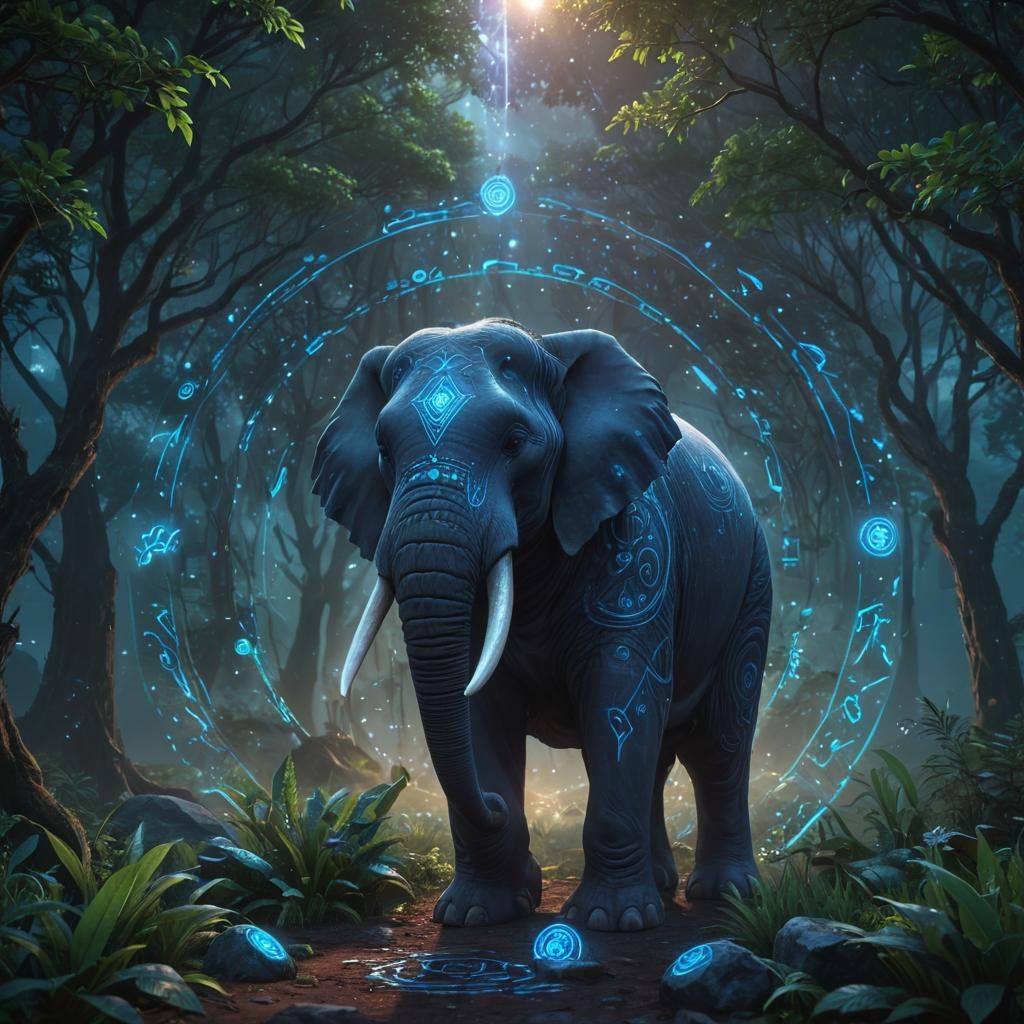 Anime Loxodon Druid Surrounded by Glowing Runes