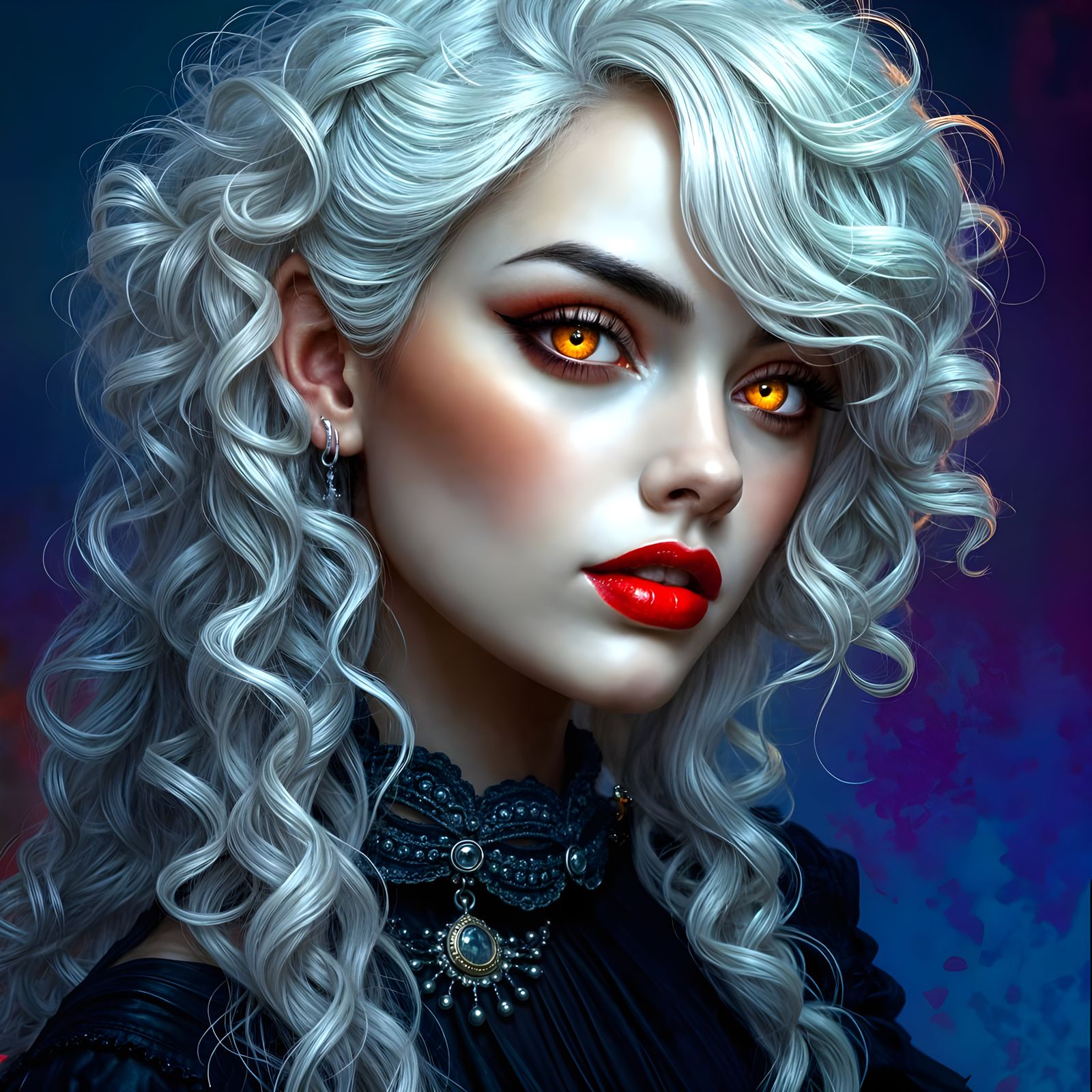 Goth Icon with Voluminous White Hair and Red Lips in Hyperre...