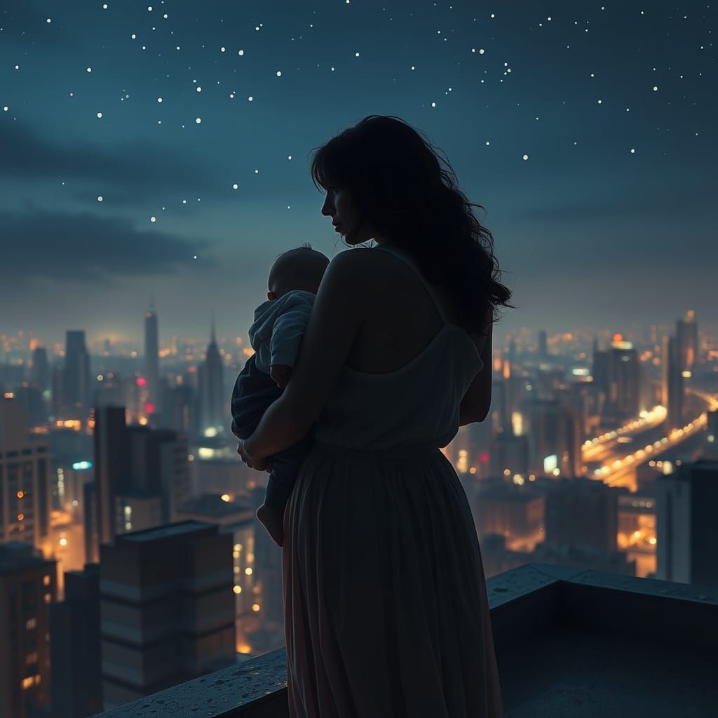 Urban Fantasy: Woman and Child Under Celestial Sky