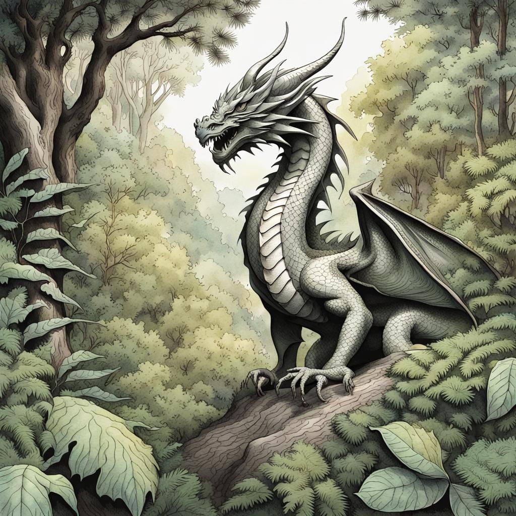 Dragon Engraving in Forest with Watercolor Background