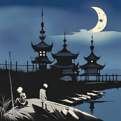 Moonlit Fishing by Pagoda: Surreal Gothic Illustration