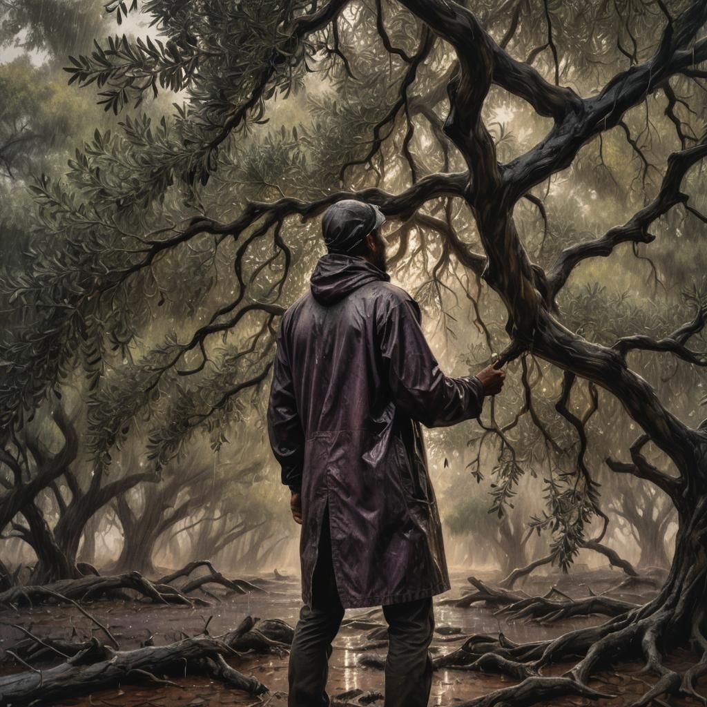 Rain Shower on Olive Tree: Charcoal Drawing