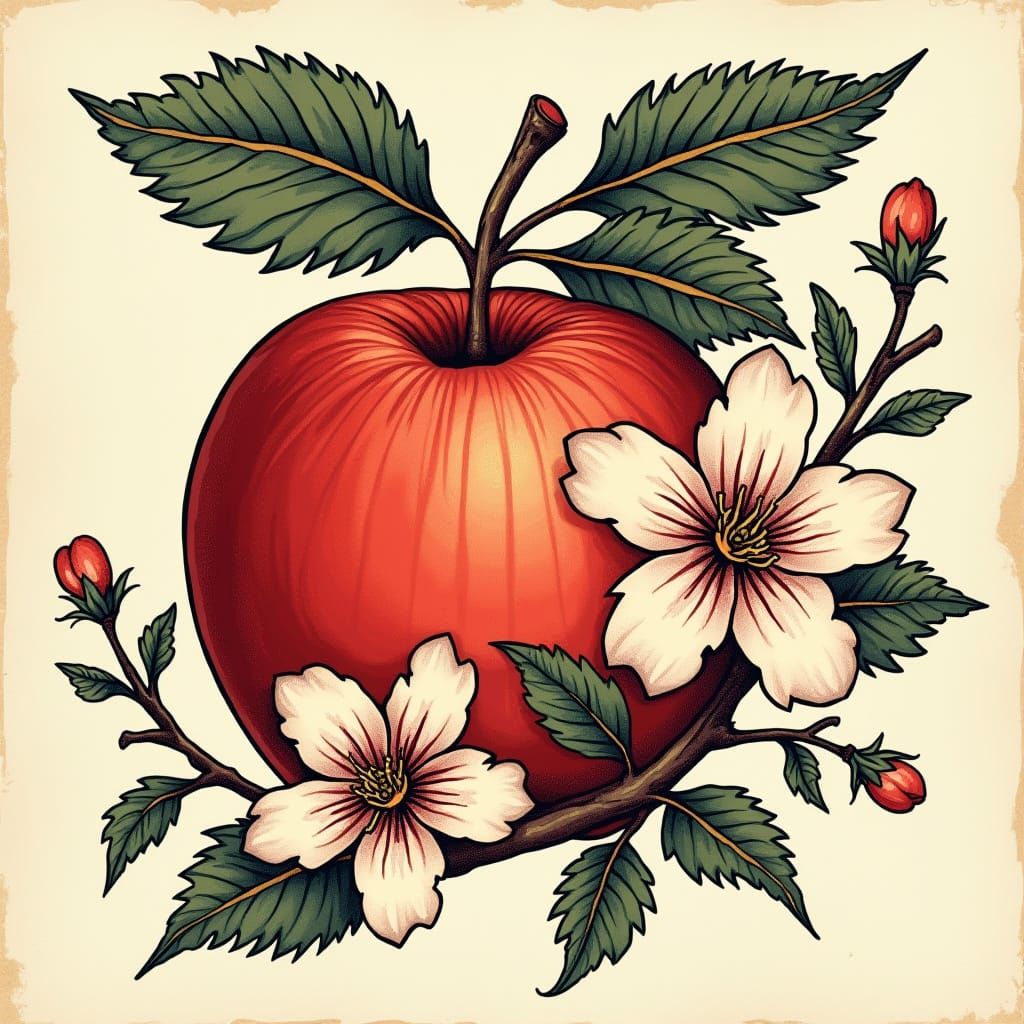 Vibrant Apple Blossom Tattoo in Traditional Japanese Woodcut...