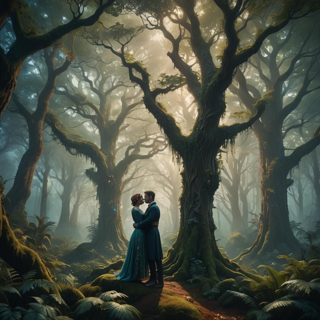 Gay Couple Embrace in Mystical Forest