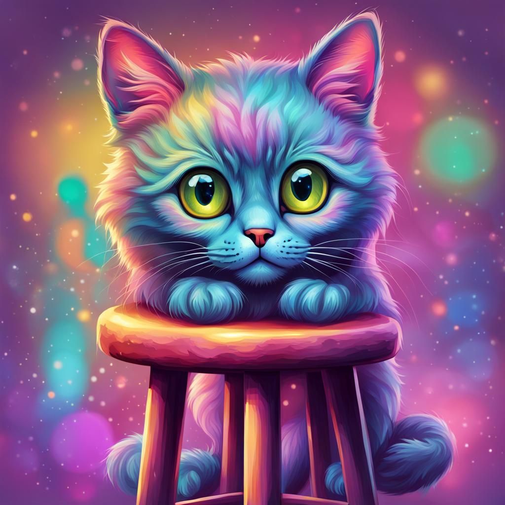 Iridescent Cat on Stool with Big Eyes