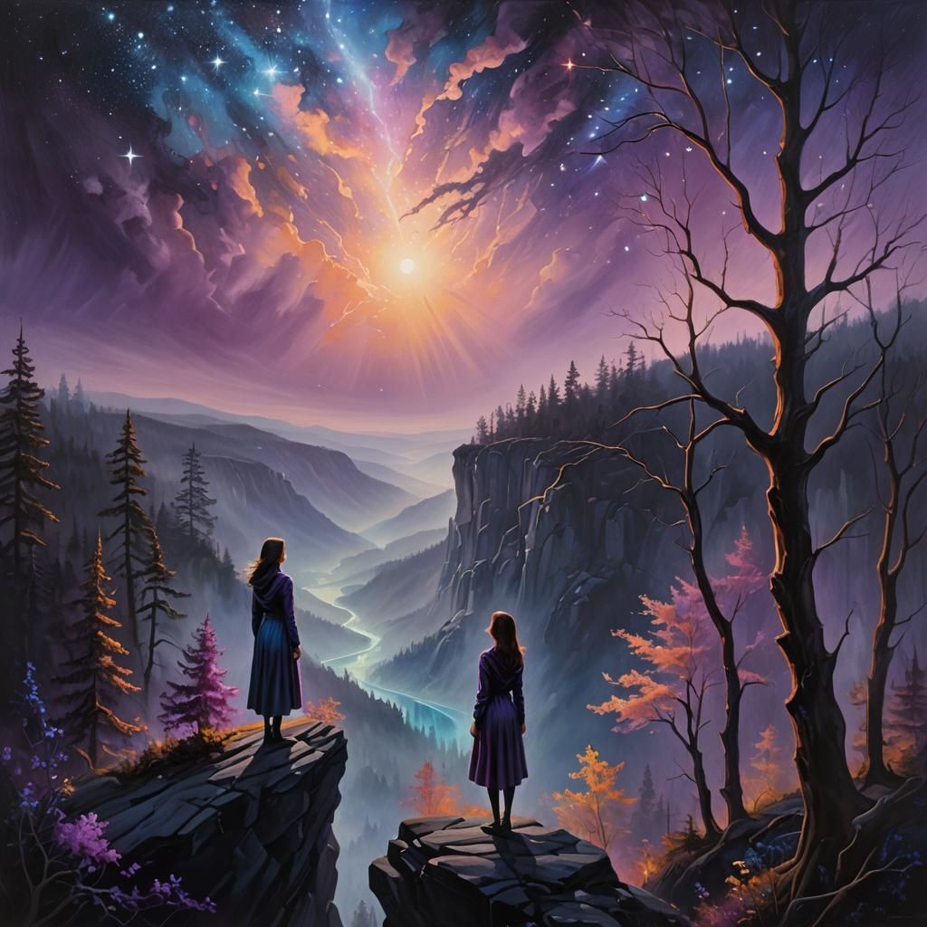 Mystical Woman Overlooking Glowing Forest in Zaffre Hues