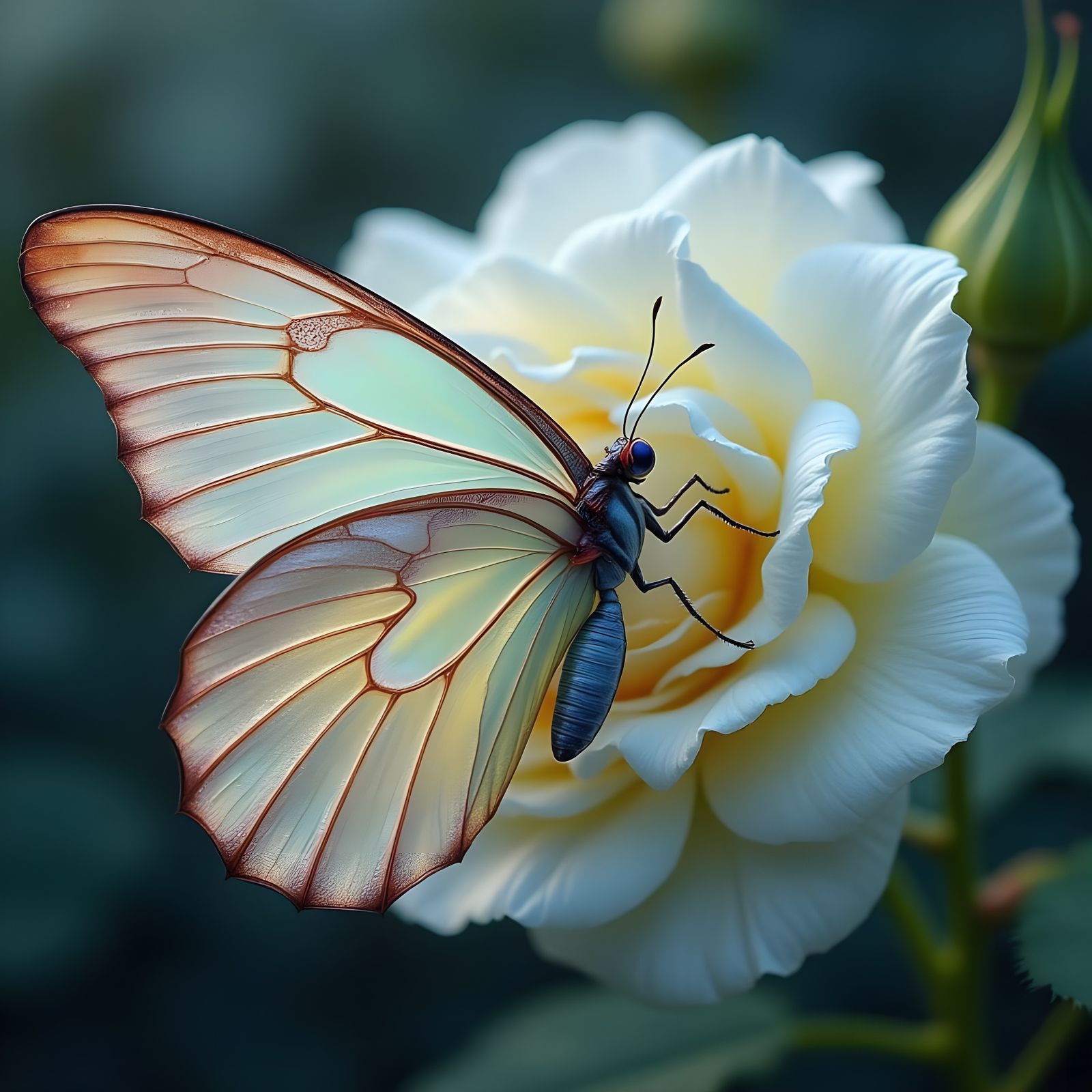Prismatic Butterfly Sways Near White Rose