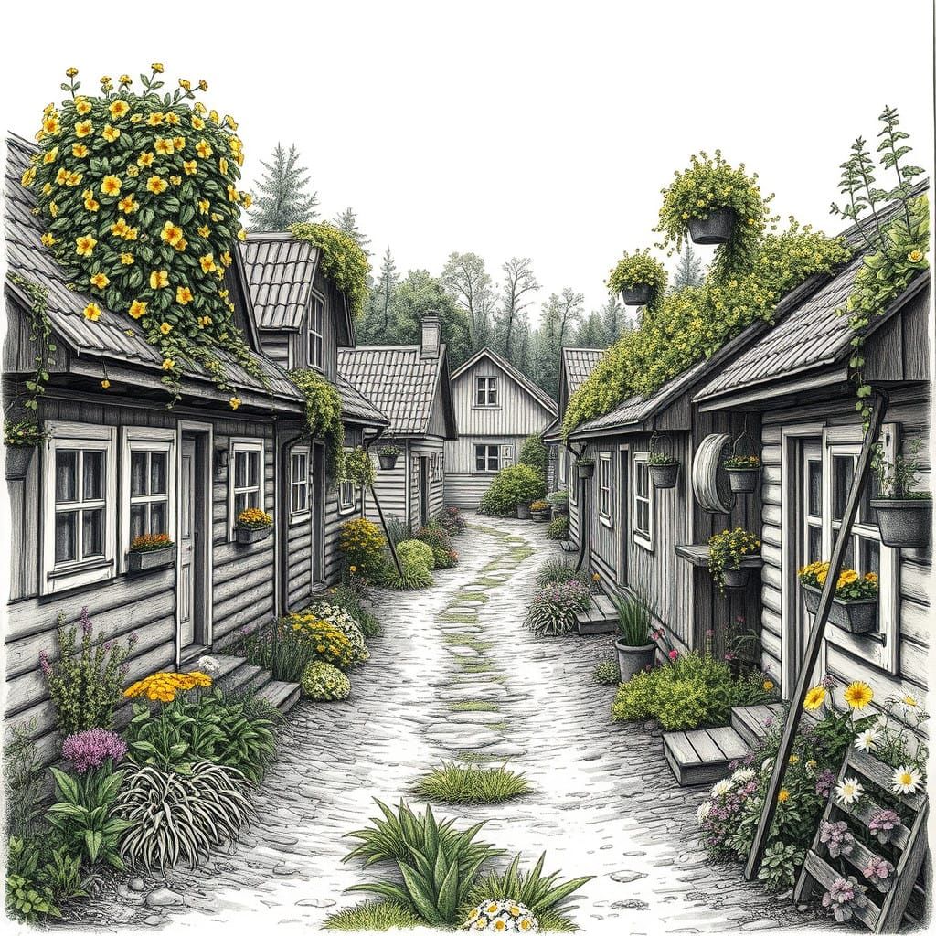 Vibrant Norwegian Village in Hyperdetailed Charcoal Drawing