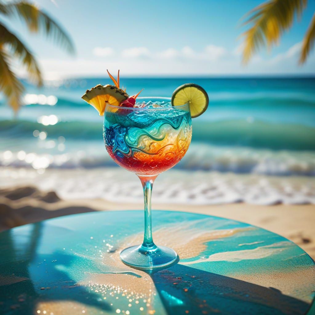 Glittering Tropical Cocktail on Sunlit Beach, Photorealistic