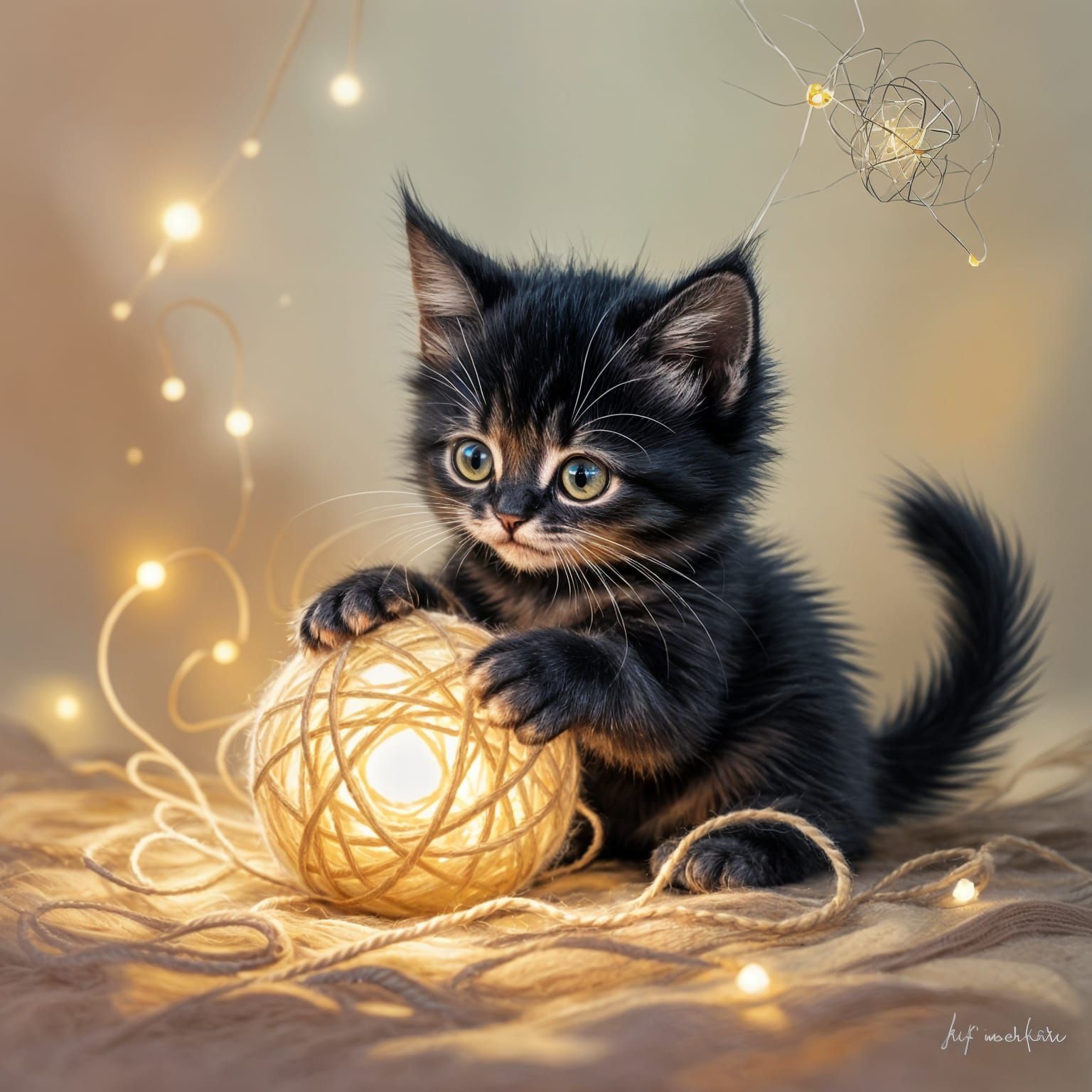 Whimsical Black Kitten Plays with Ethereal Glowing Yarn