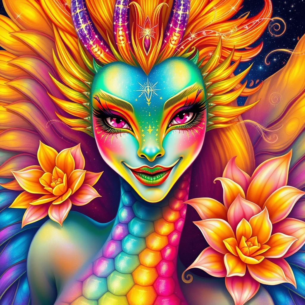 Iridescent Dragon Peacock Woman in Cosmic Art Style