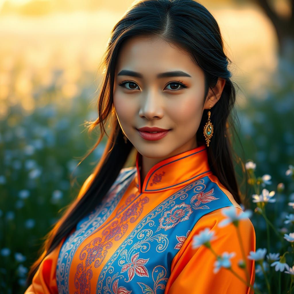 Stunning Thai Beauty in Vibrant Ao Dai amidst Blue Flowers