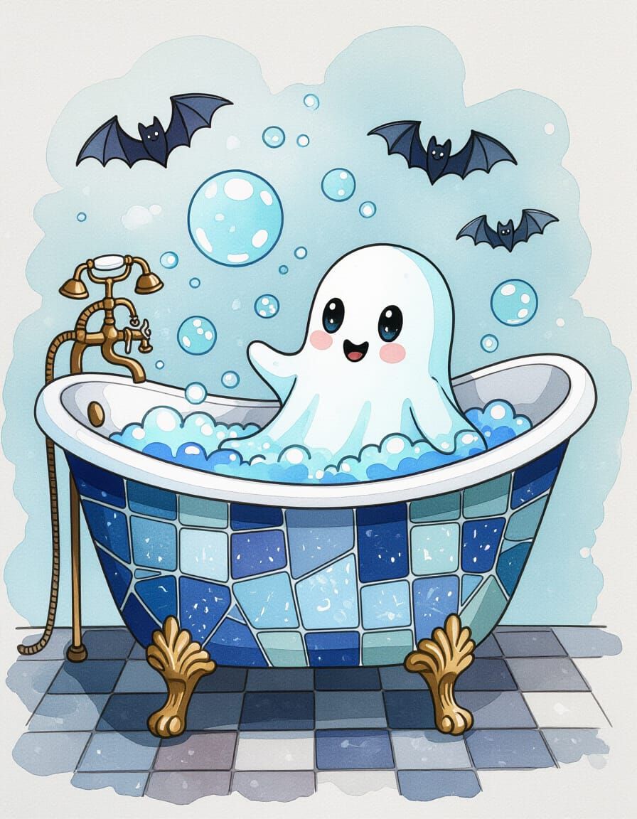 Stained Glass Ghost Bathtime in Watercolor Style