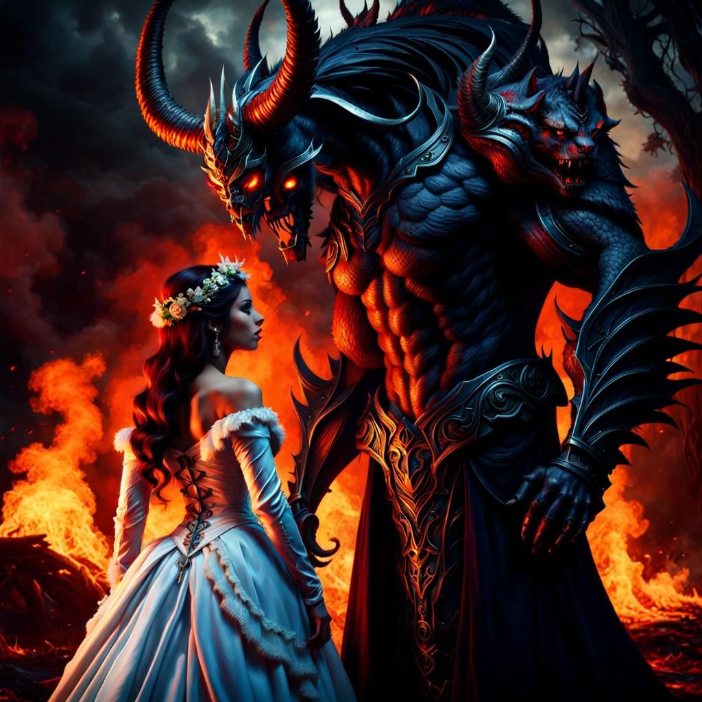 Fiery Demon Bride and Beast Groom in Dark Fairytale
