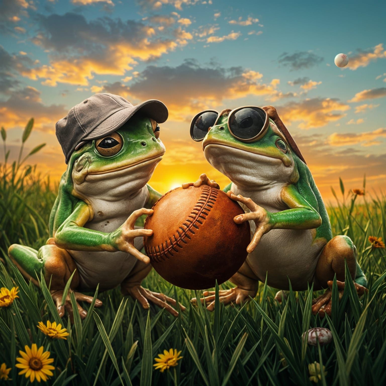 Two Frogs Playing Catch with a Baseball in a Summer Meadow