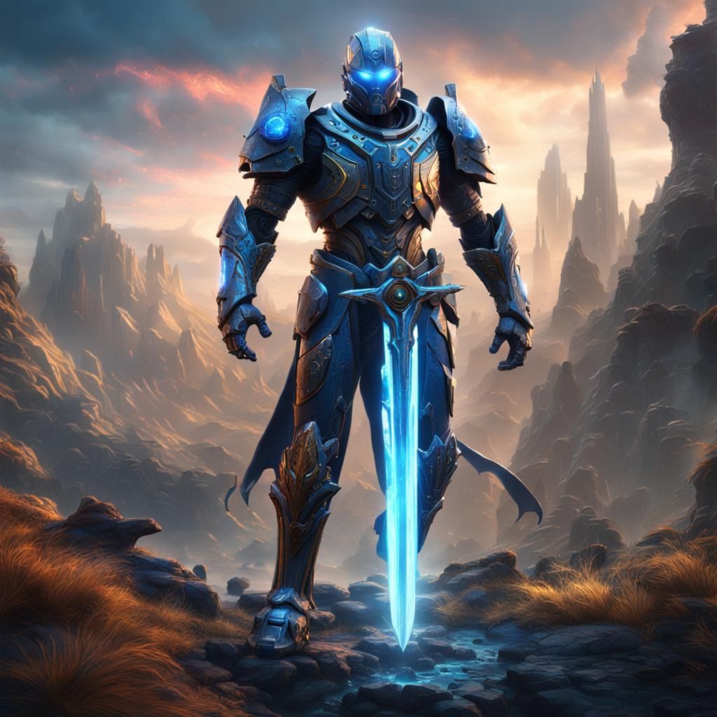 Android Warrior with Plasma Sword: Detailed Matte Painting