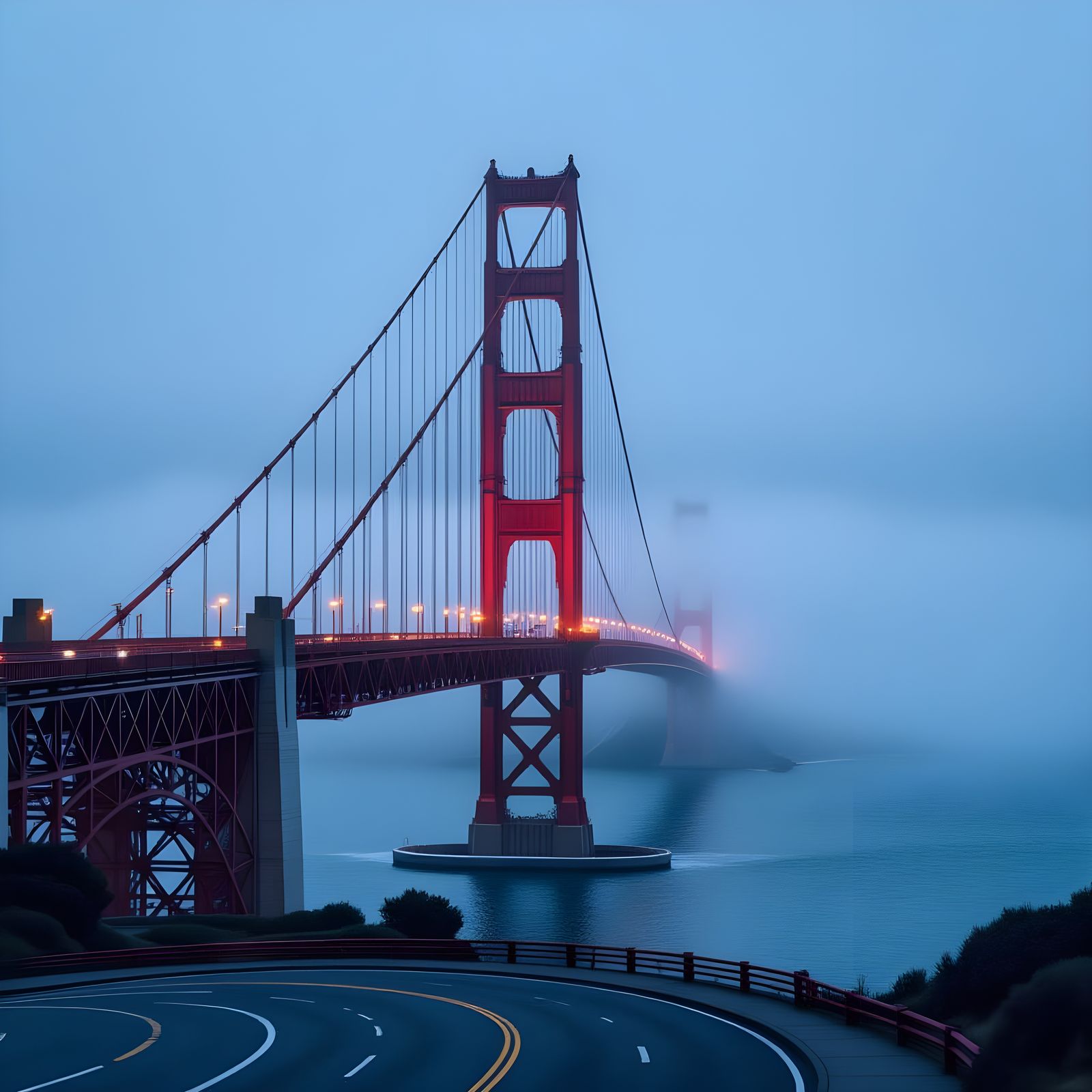 Golden Gate Bridge in Fog: Hyperrealistic Photo