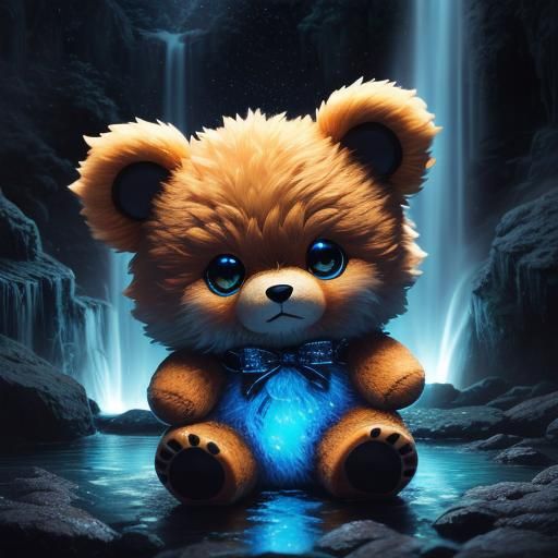 Chibi Bear Constellation over Bioluminescent Waterfall