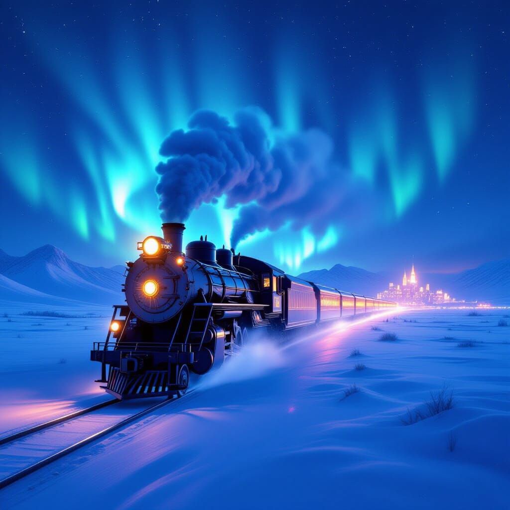 Aurora-Lit Arctic Train Journey in Hyperrealistic Style