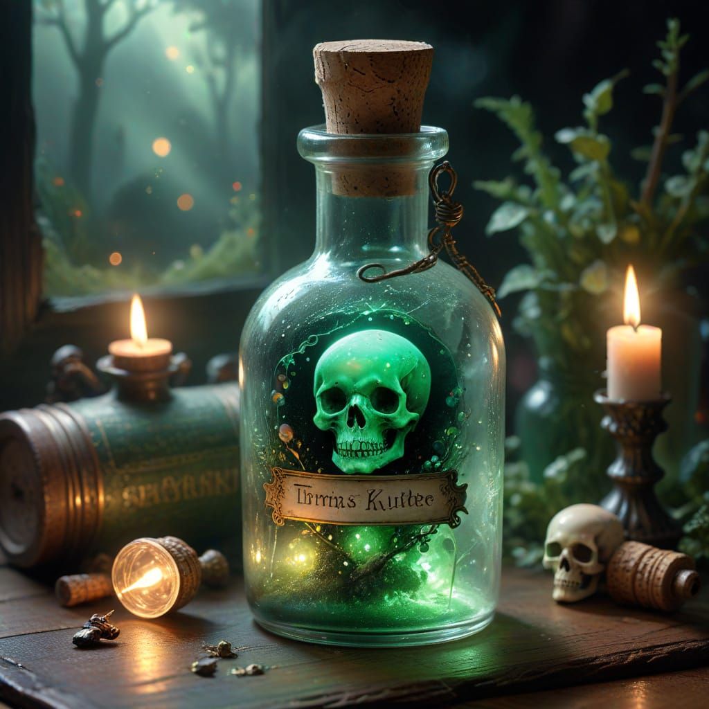 Whimsical Fantasy Potion in a Dusty Glass Bottle