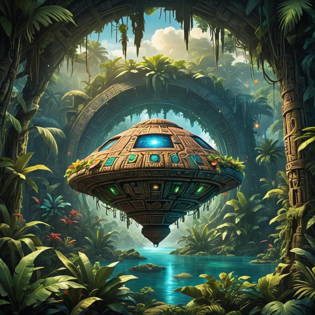 Tropical Mayan UFO Concept Art in Jungle Setting