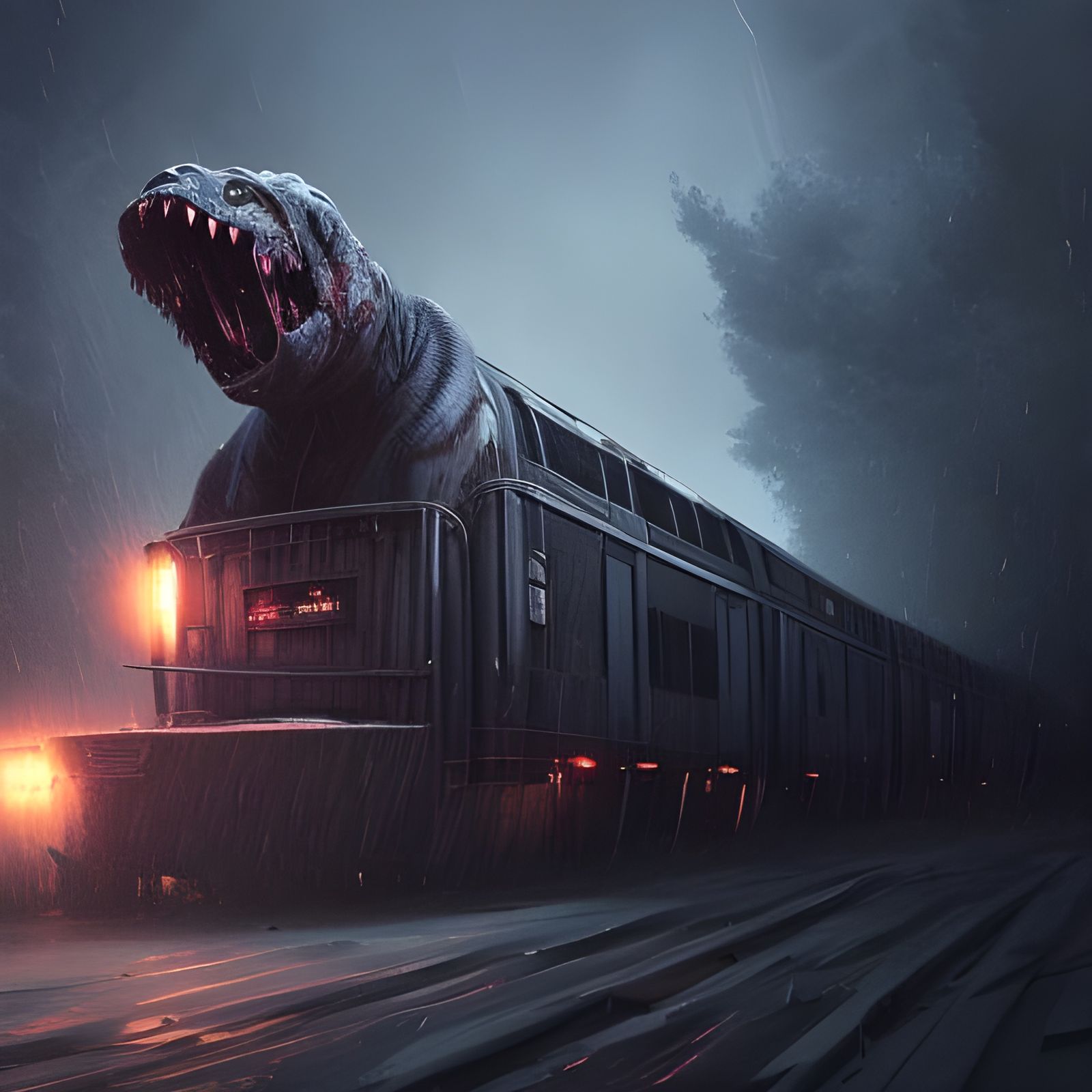 Sentient Train Monster in Hyperdetailed Horror Illustration