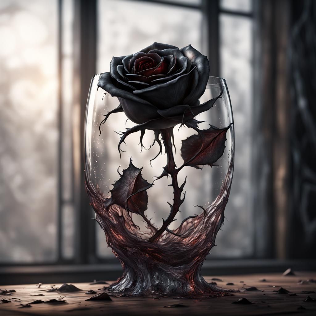 Withered Black Rose in Glass: Detailed Matte Painting