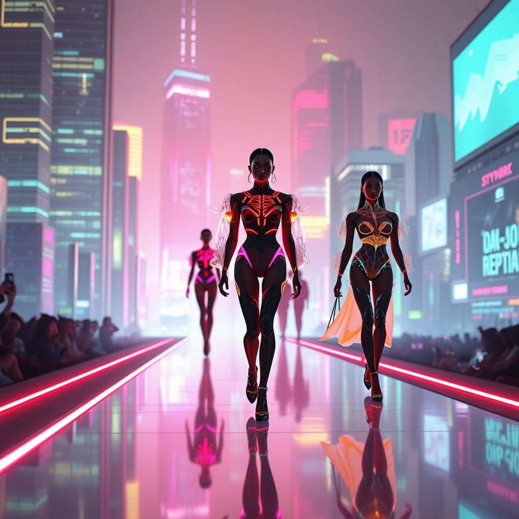 Neon Dreams: Futuristic Runway with Digital Elegance