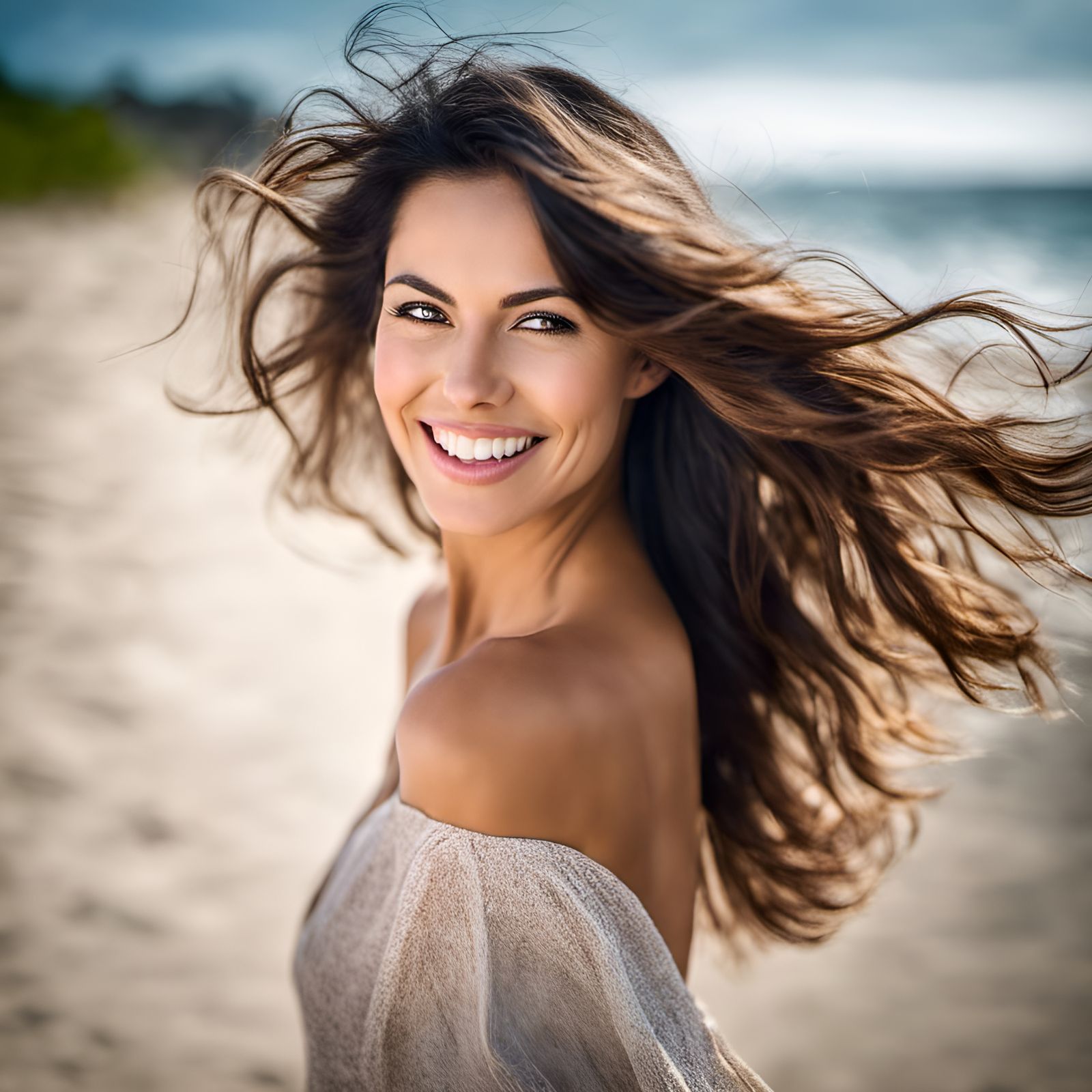Smiling Brunette Woman Portrait on Beach