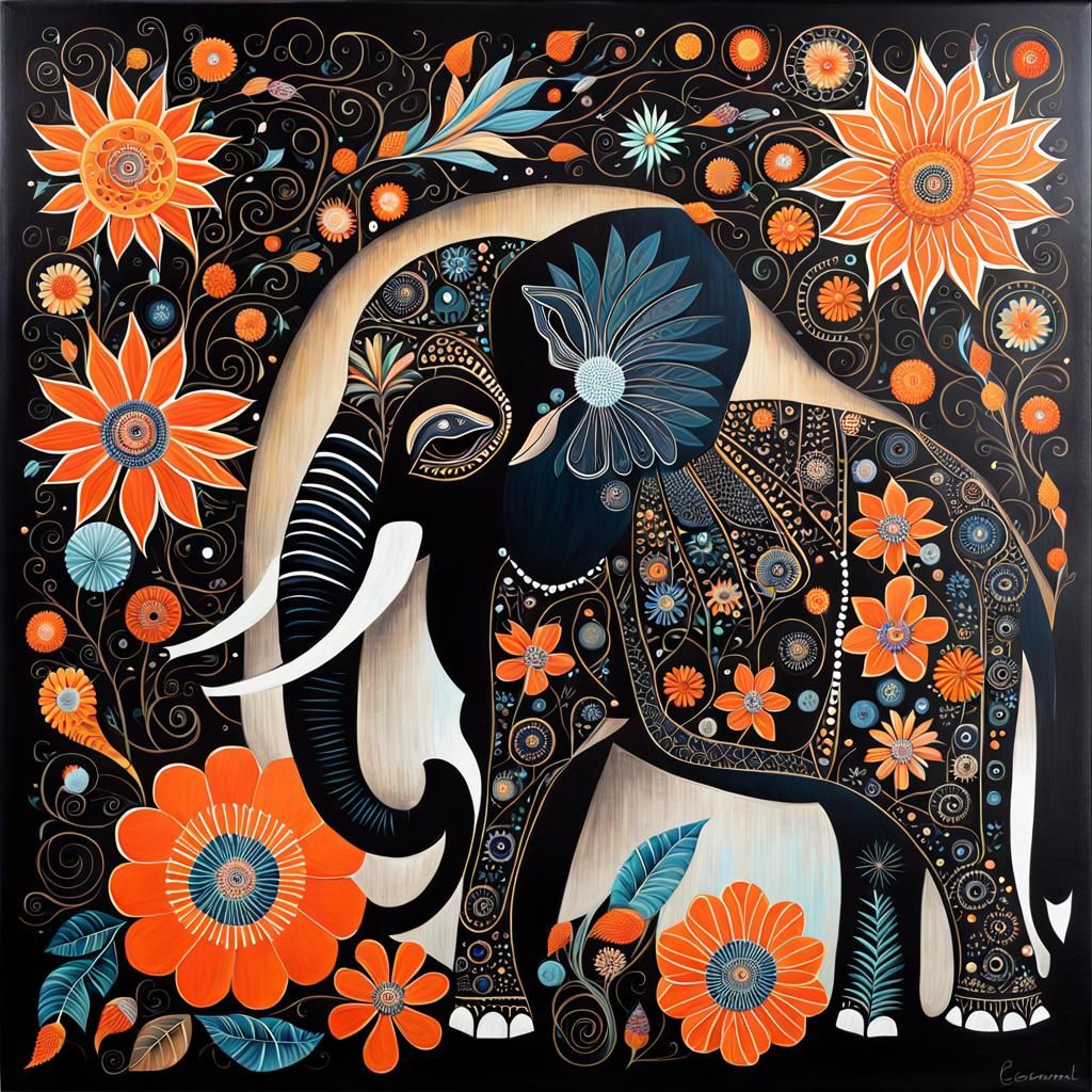 Elephant with Flowers: Acrylic and Gouache Abstract