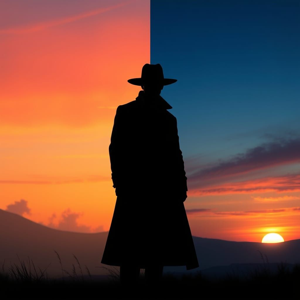 Ethereal Divide: Mysterious Figure Between Dawn and Dusk