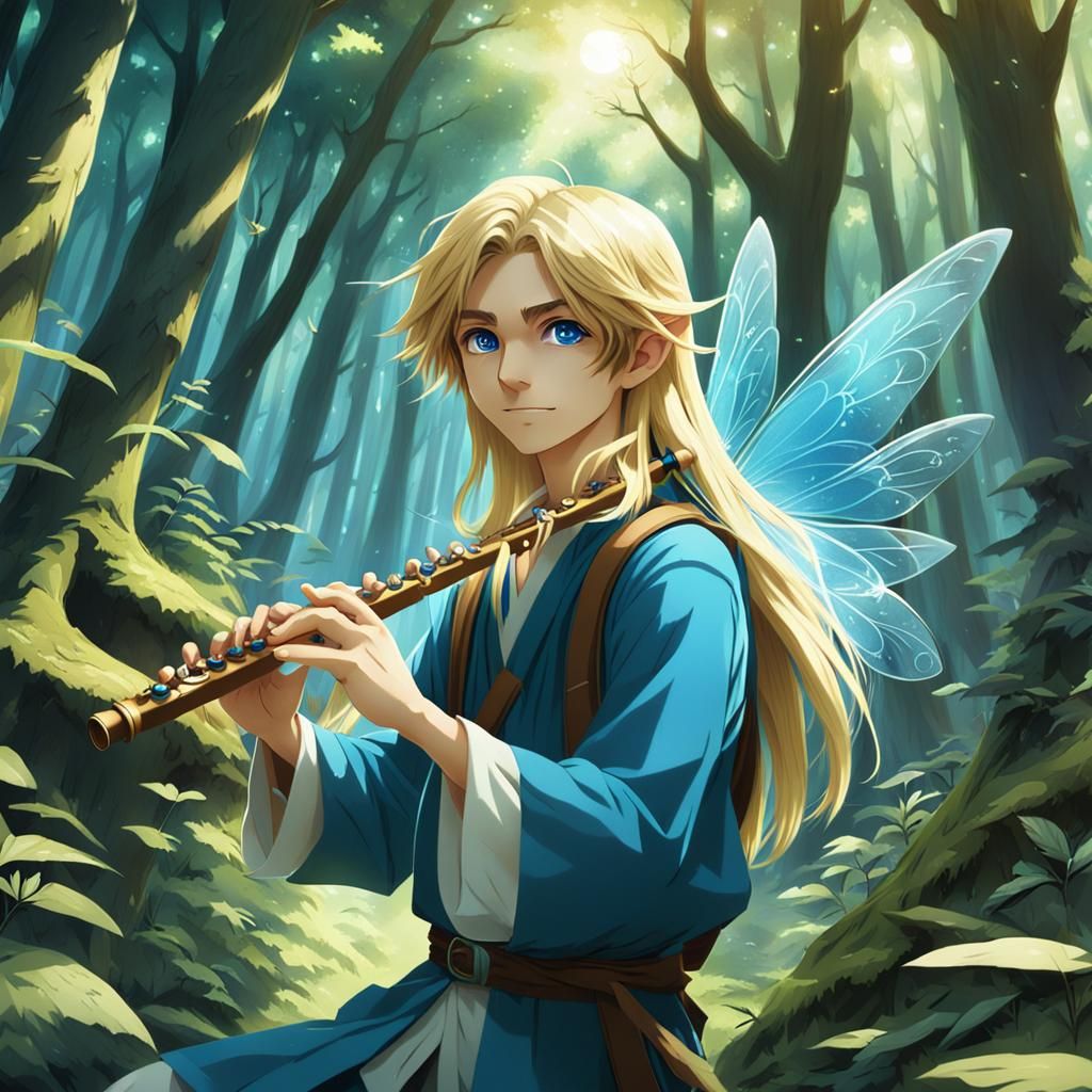 Anime Boy Flute Player in Fairy Forest