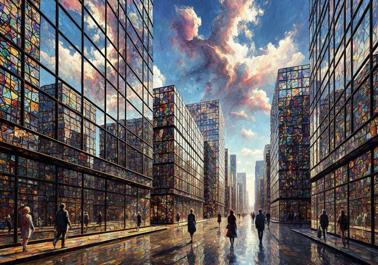 Surreal Stained Glass Cityscape with Ethereal Figures