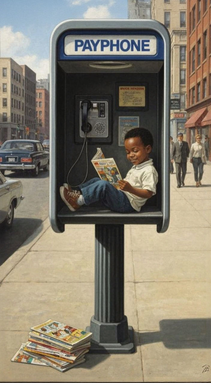 Boy Reading Comic in Payphone, Rockwell Style