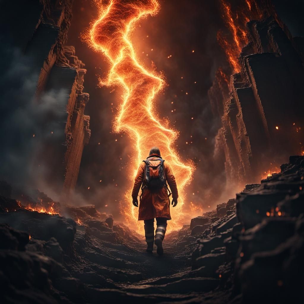 Heroic Man Walks into Abyss with Fire and Lightning