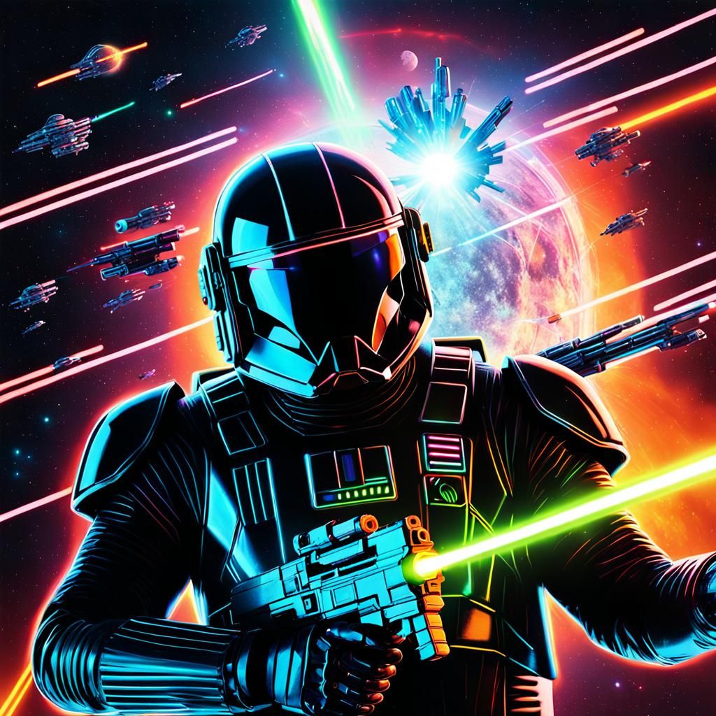 Sci-Fi Space Soldier Shooting Blaster in Neon Style