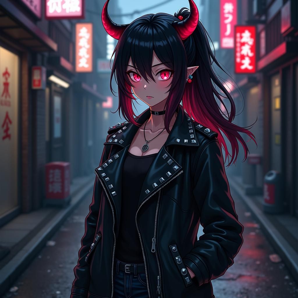 Anime Girl with Demon Eyes in Neon Tokyo Alley