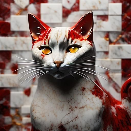 Fluffy Red Cat on Veined Marble in HDR