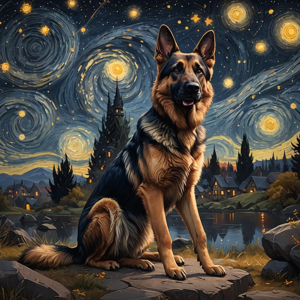 German Shepherd Dog Starry Night Matte Painting