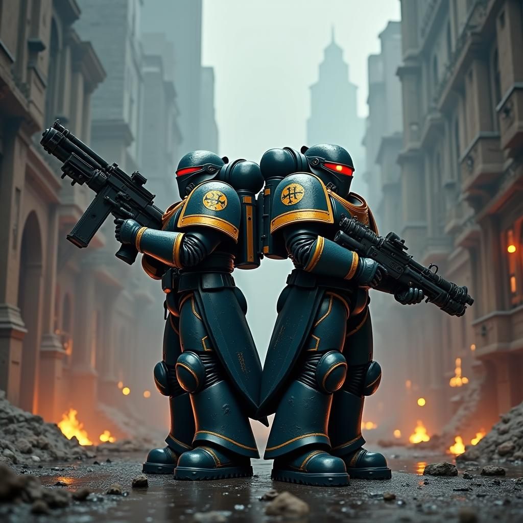 Ultramarines on Cyberpunk Skyscraper, Gothic Anime Style