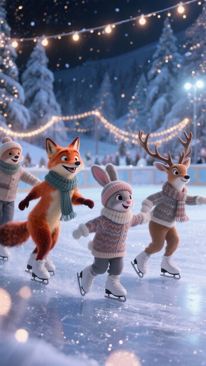 Woodland Animals Ice Skating in Magical Winter Wonderland