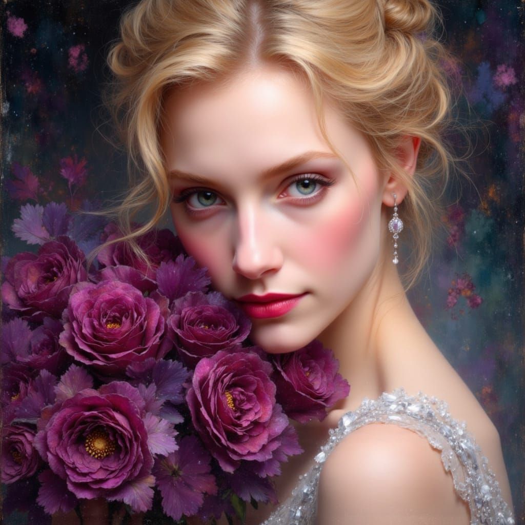 Elegant Woman with Plum Roses and Blue-Green Eyes