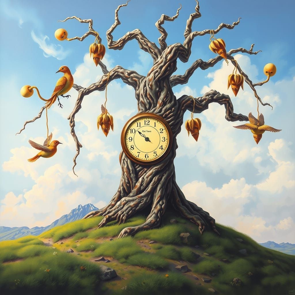 Surreal Clock Tree Oil Painting with Alien Flowers