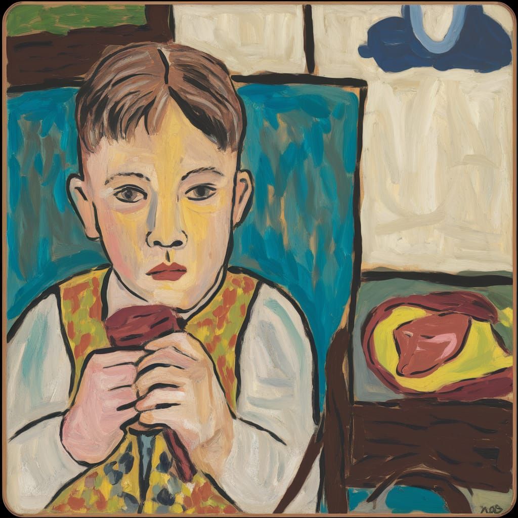 Naive Child with Cute Face in Egon Schiele Style