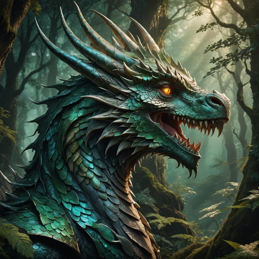 Dragon Profile Portrait in a Mystical Forest