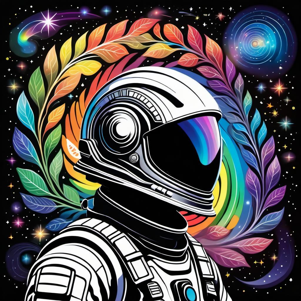 Astronaut with an elaborate helmet, rainbow leaves, galaxies...