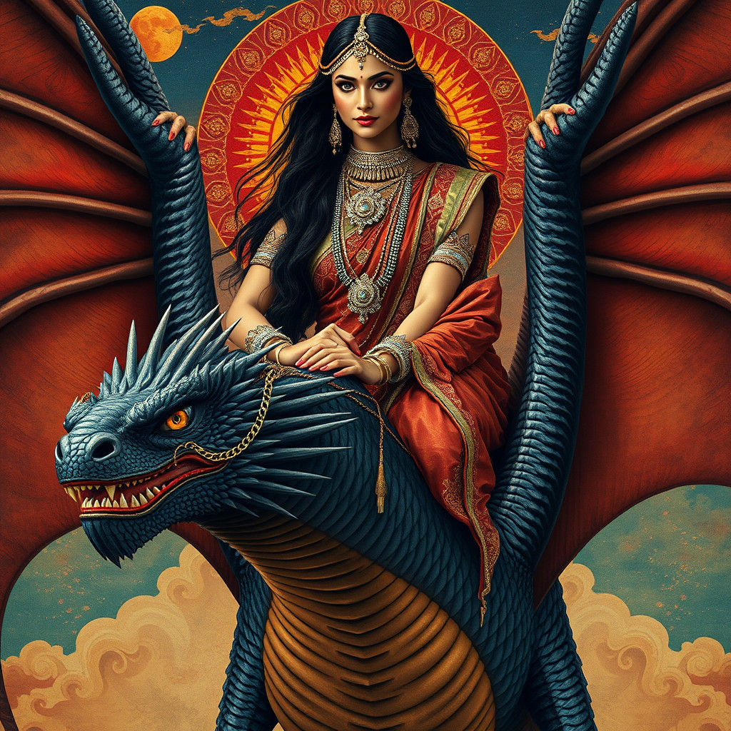 Indian Woman on Dragon in Surrealist Style
